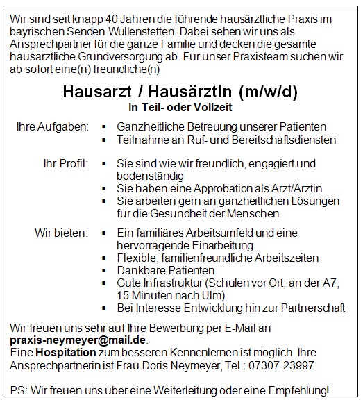 Hausarzt / Hausärztin in Teilzeit oder Vollzeit gesucht